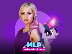 Size: 749x562 | Tagged: safe, twilight sparkle, alicorn, human, pony, g4, official, decade of pony, duo, female, mare, tara strong, twilight sparkle (alicorn), voice actor
