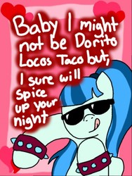 Size: 385x512 | Tagged: safe, artist:seths-girl, sonata dusk, earth pony, pony, g4, :p, equestria girls ponified, female, food, heart, holiday, mare, ponified, rapper, rapping, singing, solo, sonataco, spiked wristband, sunglasses, taco, that girl sure loves tacos, that pony sure does love tacos, that siren sure does love tacos, tongue out, valentine's day, wristband