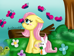 Size: 576x432 | Tagged: safe, artist:warped-dragonfly, angel bunny, fluttershy, butterfly, pegasus, pony, tortoise, g4, carrot, female, floppy ears, flower, food, log, mare
