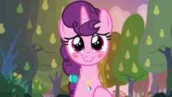 Size: 1920x1080 | Tagged: safe, screencap, sugar belle, pony, g4, the big mac question, blushing, cute, female, mare, pear tree, ring, solo, sugarbetes, tree