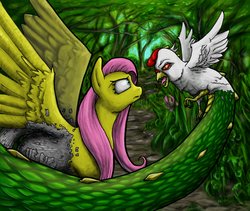 Size: 1351x1140 | Tagged: safe, artist:man-eating-llama, fluttershy, cockatrice, pegasus, pony, g4, stare master, duo, female, mare, petrification, scene interpretation, stare, the stare