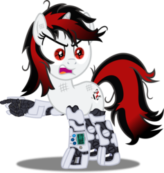 Size: 6445x6788 | Tagged: safe, artist:vector-brony, oc, oc only, oc:blackjack, cyborg, pony, unicorn, fallout equestria, fallout equestria: project horizons, absurd resolution, amputee, angry, artificial hands, augmented, cyber legs, cybernetic legs, fanfic, fanfic art, female, hooves, horn, level 1 (project horizons), mare, mechanical hands, open mouth, pointing, raised hoof, simple background, solo, transparent background