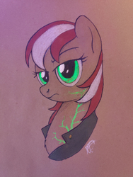 Size: 3024x4032 | Tagged: safe, artist:brisineo, oc, oc only, oc:roulette, pony, fallout equestria, bust, clothes, female, glow in the dark, glowing eyes, looking at you, mare, mutant, mutation, simple background, solo, traditional art