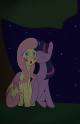 Size: 1242x1920 | Tagged: safe, artist:jay-551, fluttershy, twilight sparkle, alicorn, pegasus, pony, fanfic:inner strength, series:who we become, g4, blushing, female, hug, kissing, lesbian, night, ship:twishy, shipping, stars, surprise kiss, tree, twilight sparkle (alicorn), winghug