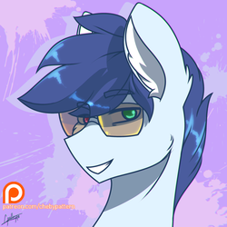 Size: 2048x2048 | Tagged: safe, artist:chebypattern, oc, oc only, oc:slipstream, pegasus, pony, bust, eye clipping through hair, glasses, heterochromia, high res, patreon, patreon reward, portrait, simple background, simple shading, smiling, solo