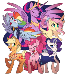 Size: 2390x2721 | Tagged: safe, artist:pinweena30, applejack, fluttershy, pinkie pie, rainbow dash, rarity, twilight sparkle, alicorn, earth pony, pegasus, pony, unicorn, g4, the last problem, applejack's hat, cowboy hat, crown, end of ponies, eyes closed, female, flying, freckles, future, group, happy, hat, high res, jewelry, looking at you, mane six, mare, older, older applejack, older fluttershy, older mane six, older pinkie pie, older rainbow dash, older rarity, older twilight, open mouth, princess twilight 2.0, raised hoof, regalia, sextet, simple background, smiling, spread wings, twilight sparkle (alicorn), white background, wings