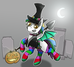 Size: 1500x1353 | Tagged: safe, artist:jesterpi, oc, oc only, oc:sky dancer, bat pony, pony, abstract background, bone, clothes, glowing, gravedigger, gravestone, graveyard, halloween, hat, holiday, moon, pumpkin, shovel, smiling, socks, solo, striped socks, wings, ych result