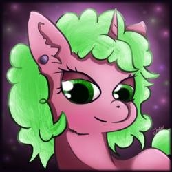 Size: 1467x1467 | Tagged: safe, artist:jesterpi, oc, oc:berry blitz, pony, unicorn, abstract background, ear piercing, earring, glowing, green mane, jewelry, piercing, profile, profile picture, smiling