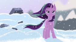 Size: 1920x1080 | Tagged: safe, artist:kota, starlight glimmer, pony, unicorn, g4, the ending of the end, badass, confident, cool, female, frown, lidded eyes, like a boss, mare, scene interpretation, serious, snow, solo, standing, that was fast, wallpaper, windswept mane, winter