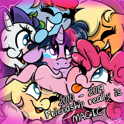 Size: 3000x3000 | Tagged: safe, artist:befishproductions, applejack, fluttershy, pinkie pie, rainbow dash, rarity, twilight sparkle, pony, g4, 2010, 2019, :p, crying, cute, end of ponies, eye clipping through hair, eyes closed, female, floppy ears, group, high res, mane six, mare, one eye closed, open mouth, signature, tears of joy, tongue out, wink