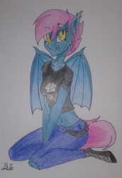 Size: 1666x2421 | Tagged: safe, artist:cypisek95, oc, oc only, bat pony, anthro, bat wings, belly button, fangs, female, open mouth, simple background, sitting, solo, traditional art, white background, wings