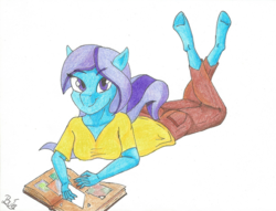 Size: 1515x1158 | Tagged: safe, artist:cypisek95, oc, oc only, oc:light flash, anthro, book, female, hooves, looking at you, lying down, simple background, smiling, solo, traditional art, white background