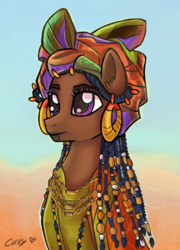 Size: 720x1000 | Tagged: safe, artist:capncurvy, artist:supcapn, oc, oc only, pony, african, african culture, african pony, beads, bodypaint, box braids, braid, bust, clothes, costume, dreadlocks, dress, ear piercing, earring, face tattoo, female, hair jewelry, head wrap, hooped earrings, jewelry, mare, necklace, piercing, sitting, solo, tattoo
