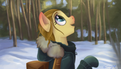 Size: 1250x720 | Tagged: safe, artist:capncurvy, artist:supcapn, oc, oc only, pony, bag, blushing, clothes, cold, ear blush, female, forest, hood, jacket, looking up, mare, open mouth, ponified, raised hoof, red nosed, redraw, snow, solo, winter