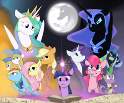 Size: 1920x1600 | Tagged: safe, artist:sinrar, applejack, descent, fluttershy, nightmare moon, nightshade, pinkie pie, princess celestia, rainbow dash, rarity, spike, twilight sparkle, alicorn, earth pony, pegasus, pony, unicorn, friendship is magic, g4, book, end of ponies, fire of friendship, group, magic, mane six, mare in the moon, moon, royal guard, shadowbolts