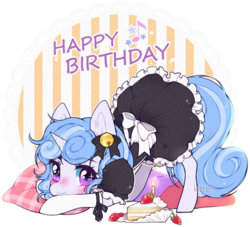 Size: 1135x1029 | Tagged: safe, artist:aniimoni, oc, oc only, oc:melodia, pony, unicorn, bell, blushing, bow, cake, clothes, cute, female, food, happy birthday, maid, mare, ocbetes, pillow, solo, strawberry, ych result