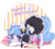 Size: 1135x1029 | Tagged: safe, artist:aniimoni, oc, oc only, oc:melodia, pony, unicorn, bell, blushing, bow, cake, clothes, cute, female, food, happy birthday, maid, mare, ocbetes, pillow, solo, strawberry, ych result