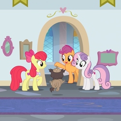 Size: 1080x1080 | Tagged: safe, screencap, apple bloom, garrick, scootaloo, sweetie belle, earth pony, griffon, pegasus, pony, unicorn, g4, the last problem, clothes, cropped, cutie mark crusaders, friendship student, goldie delicious' shawl, older, older apple bloom, older cmc, older scootaloo, older sweetie belle, school of friendship, shawl