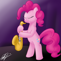 Size: 2000x2000 | Tagged: safe, artist:docbullet, pinkie pie, earth pony, pony, g4, bipedal, eyes closed, female, high res, mare, puffy cheeks, saxaphone, solo