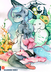 Size: 2409x3385 | Tagged: safe, artist:mashiromiku, princess luna, alicorn, anthro, g4, clothes, costume, halloween, halloween costume, high res, holiday, patreon, patreon logo, traditional art, watercolor painting