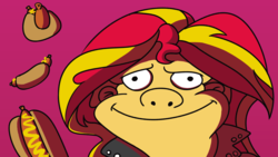 Size: 3840x2160 | Tagged: safe, artist:cowsrtasty, sunset shimmer, equestria girls, g4, and it's already shit, cursed image, female, food, high res, hot dog, male, meat, moe, moe syzlak, sausage, simple background, solo, the simpsons, wat