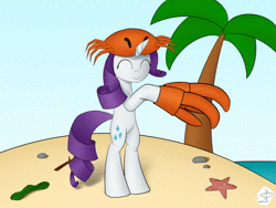 Size: 1600x1200 | Tagged: source needed, safe, artist:sheeppony, rarity, crab, pony, unicorn, g4, animated, beach, bipedal, crab hat, crab rave, cute, dancing, eyes closed, female, music, palm tree, raribetes, solo, sound, tree, webm