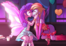 Size: 1000x706 | Tagged: safe, artist:raridashdoodles, rainbow dash, rarity, human, a photo booth story, equestria girls, g4, my little pony equestria girls: summertime shorts, balloon, blushing, butterfly wings, cake, clothes, dress, drink, fall formal outfits, female, food, heart, heart balloon, kiss on the lips, kissing, lesbian, ship:raridash, shipping, wings