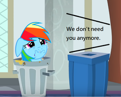 Size: 558x446 | Tagged: safe, edit, edited screencap, screencap, rainbow dash, pony, g4, abuse, crying, dashabuse, end of ponies, go to sleep wind rider, op is a duck, op is trying to start shit, rainbow trash, sad, trash can