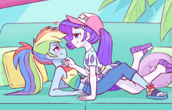 Size: 1055x674 | Tagged: safe, artist:raridashdoodles, rainbow dash, rarity, equestria girls, equestria girls specials, g4, my little pony equestria girls: better together, my little pony equestria girls: spring breakdown, bedroom eyes, blushing, couch, cute, dashabetes, duo, feet, female, hat, heart, lesbian, looking at each other, pillow, raribetes, sandals, ship:raridash, shipping