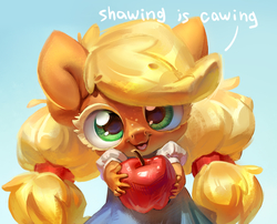Size: 2894x2343 | Tagged: safe, artist:holivi, applejack, earth pony, anthro, g4, apple, cottagecore, cute, dialogue, eye clipping through hair, female, filly applejack, foal, food, high res, holivi is trying to murder us, jackabetes, puffy sleeves, sharing is caring, solo, sweet dreams fuel, talking to viewer, weapons-grade cute, younger