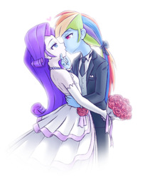 Size: 800x980 | Tagged: safe, artist:raridashdoodles, rainbow dash, rarity, human, equestria girls, g4, bedroom eyes, blushing, bride, clothes, dress, female, flower, groom, kiss on the lips, kissing, lesbian, lesbian wedding, looking at each other, marriage, rose, ship:raridash, shipping, suit, wedding, wedding dress, wedding suit