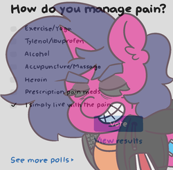 Size: 1100x1080 | Tagged: safe, artist:threetwotwo32232, oc, oc only, oc:fizzy pop, pony, unicorn, blade runner, female, live with the pain, mare, meme, pain, solo