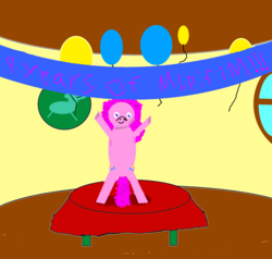 Size: 2100x2000 | Tagged: safe, artist:havock, pinkie pie, earth pony, pony, g4, 1000 hours in ms paint, an attempt was made, balloon, banner, happy birthday mlp:fim, high res, i tried, mlp fim's ninth anniversary, table, window