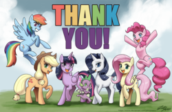 Size: 1500x971 | Tagged: safe, artist:johnjoseco, applejack, fluttershy, pinkie pie, rainbow dash, rarity, spike, twilight sparkle, alicorn, dragon, earth pony, pegasus, pony, unicorn, g4, anniversary, applejack's hat, cowboy hat, end of ponies, female, happy birthday mlp:fim, hat, looking at you, male, mane seven, mane six, mare, mlp fim's ninth anniversary, open mouth, raised hoof, stetson, thank you, twilight sparkle (alicorn), winged spike, wings