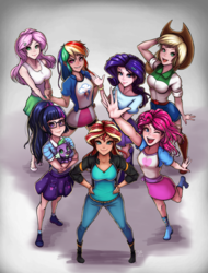 Size: 914x1200 | Tagged: safe, artist:the-park, applejack, fluttershy, pinkie pie, rainbow dash, rarity, sci-twi, spike, spike the regular dog, sunset shimmer, twilight sparkle, dog, human, equestria girls, g4, female, human coloration, humane five, humane seven, humane six, looking at you, one eye closed, simple background, standing, wink