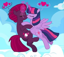 Size: 1198x1080 | Tagged: safe, artist:徐詩珮, fizzlepop berrytwist, tempest shadow, twilight sparkle, alicorn, pony, unicorn, g4, base used, broken horn, duo, female, flying, horn, kiss on the lips, kissing, lesbian, magic, mare, ship:tempestlight, shipping, twilight sparkle (alicorn)