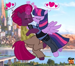 Size: 1233x1080 | Tagged: safe, artist:徐詩珮, fizzlepop berrytwist, tempest shadow, twilight sparkle, alicorn, pony, unicorn, g4, base used, broken horn, duo, female, flying, horn, judy hopps, kiss on the lips, kissing, lesbian, magic, mare, nick wilde, ship:tempestlight, shipping, simple background, twilight sparkle (alicorn), zootopia