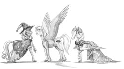 Size: 1600x892 | Tagged: safe, artist:baron engel, star swirl the bearded, trixie, oc, oc:mark wells, alicorn, pegasus, pony, unicorn, fanfic:off the mark, g4, alicornified, colored hooves, fanfic art, grayscale, markxie, monochrome, pencil drawing, race swap, simple background, traditional art, trixiecorn, white background