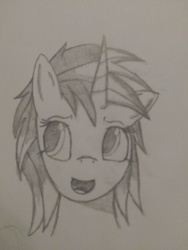 Size: 2448x3264 | Tagged: safe, pony, unicorn, happy, high res, looking to the left, paper, sketch, smiling, solo
