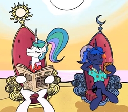 Size: 922x806 | Tagged: safe, artist:anontheanon, screencap, princess celestia, princess luna, alicorn, pony, between dark and dawn, g4, beach, cropped, crossed legs, food, moon, newspaper, pineapple, pineapple cup, ponytail, ponytails, sun, throne, tropical print