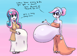 Size: 2671x1951 | Tagged: safe, artist:fluor1te, princess flurry heart, oc, oc:bundle joy, human, equestria girls, g4, adult, anatomically incorrect, anti-gravity belly, belly, belly button, colored background, dialogue, duo, duo female, female, hand on belly, happy, hyper, hyper pregnancy, impossibly large belly, mama flurry, multiple pregnancy, older, older flurry heart, pregnant, pregnant equestria girls, request, shiny