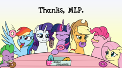 Size: 2300x1280 | Tagged: safe, artist:mkogwheel, applejack, fluttershy, pinkie pie, rainbow dash, rarity, spike, twilight sparkle, dragon, earth pony, pegasus, pony, unicorn, g4, the ending of the end, comfy, donut, eating, end of ponies, eyes closed, eyeshadow, female, food, makeup, mane six, mare, mouth hold, open mouth, scene interpretation, smiling