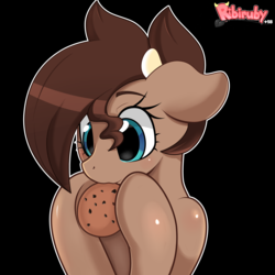 Size: 4400x4400 | Tagged: safe, artist:ribiruby, oc, oc only, oc:ruby big heart, earth pony, pony, black background, cookie, cow horns, eating, female, floppy ears, food, holding, mare, nom, simple background, smiling, solo