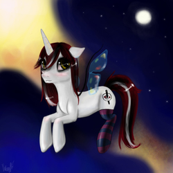 Size: 2000x2000 | Tagged: safe, artist:valeriyashyshkina, oc, oc only, pony, unicorn, artificial wings, augmented, clothes, floppy ears, high res, magic, magic wings, ponysona, socks, solo, striped socks, wings