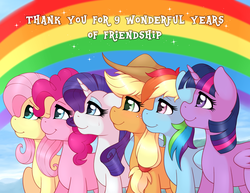 Size: 3300x2550 | Tagged: safe, alternate version, artist:ratofdrawn, applejack, fluttershy, pinkie pie, rainbow dash, rarity, twilight sparkle, alicorn, earth pony, pegasus, pony, unicorn, g4, crying, cute, end of ponies, female, happy birthday mlp:fim, high res, hoof around neck, mane six, mare, mlp fim's ninth anniversary, op is a swan, op is wholesome, profile, smiling, sweet dreams fuel, tears of joy, thank you, twilight sparkle (alicorn)
