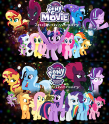 Size: 3889x4399 | Tagged: safe, artist:ejlightning007arts, applejack, fluttershy, pinkie pie, rainbow dash, rarity, spike, starlight glimmer, sunset shimmer, tempest shadow, trixie, twilight sparkle, alicorn, dragon, earth pony, pegasus, pony, unicorn, g4, my little pony: the movie, 2, 9, :i, anniversary, broken horn, clothes, eye scar, happy birthday mlp:fim, hat, horn, i mean i see, lidded eyes, mane seven, mane six, mlp fim's ninth anniversary, mlp movie anniversary, open mouth, raised hoof, scar, trixie's hat, twilight sparkle (alicorn), wallpaper, winged spike, wings