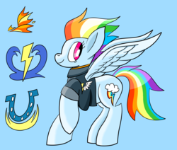 Size: 1662x1410 | Tagged: safe, artist:notadeliciouspotato, fleetfoot, rainbow dash, soarin', spitfire, pegasus, pony, g4, the last problem, clothes, cutie mark, female, jacket, mare, older, older rainbow dash, raised hoof, simple background, smiling, solo, spread wings, wings
