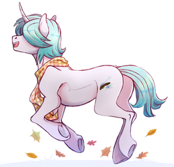 Size: 2767x2656 | Tagged: safe, artist:1an1, oc, oc only, pony, unicorn, clothes, high res, leaves, running, scarf, simple background, solo, white background