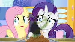 Size: 1674x944 | Tagged: safe, screencap, fluttershy, rarity, pony, g4, the ending of the end, smell, stink lines