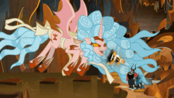 Size: 800x450 | Tagged: safe, screencap, cozy glow, lord tirek, queen chrysalis, alicorn, centaur, changeling, pony, g4, the ending of the end, alicornified, animated, bat wings, bow, chaos magic, cozycorn, giant demon alicorn cozy glow, giant pony, macro, pure concentrated unfiltered evil of the utmost potency, pure unfiltered evil, race swap, tail bow, wings, xk-class end-of-the-world scenario